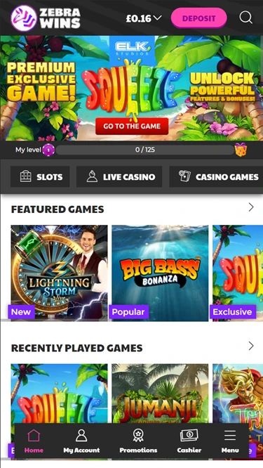 A screenshot of Zebra Wins casino home page