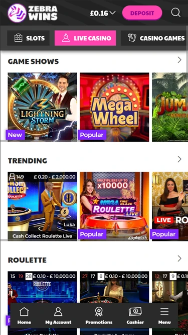 A screenshot of Zebra Wins casino live games page