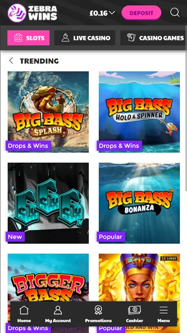 A screenshot of Zebra Wins trending slots section