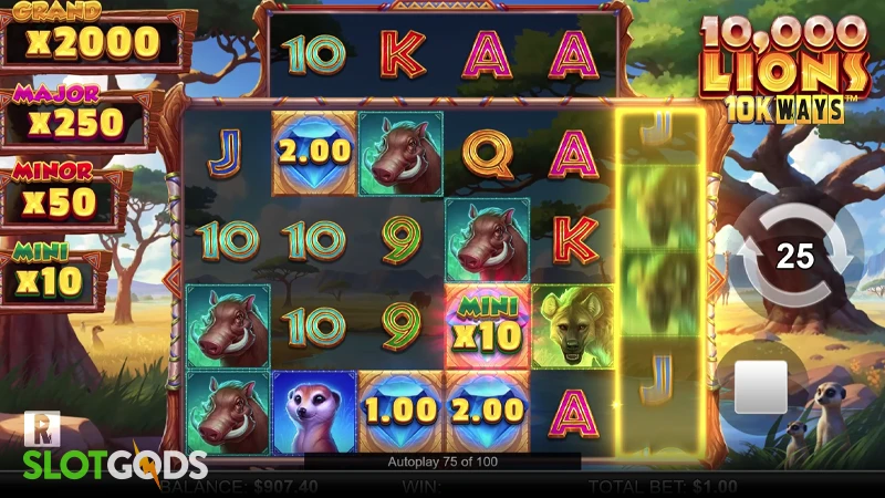 A screenshot of 10,000 Lions 10k Ways slot gameplay