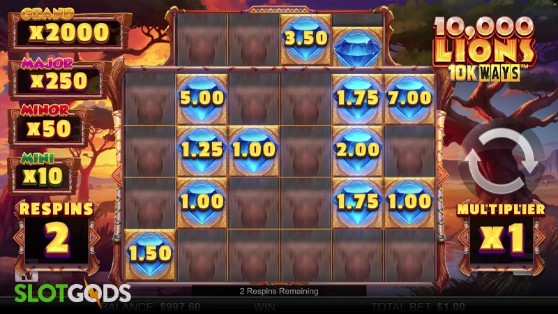 A screenshot of 10,000 Lions 10k Ways slot feature gameplay