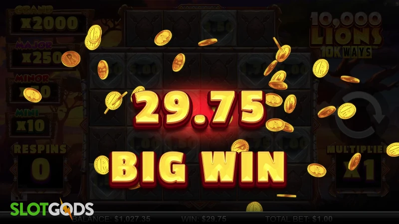 A screenshot of a big win in 10,000 Lions 10k Ways slot