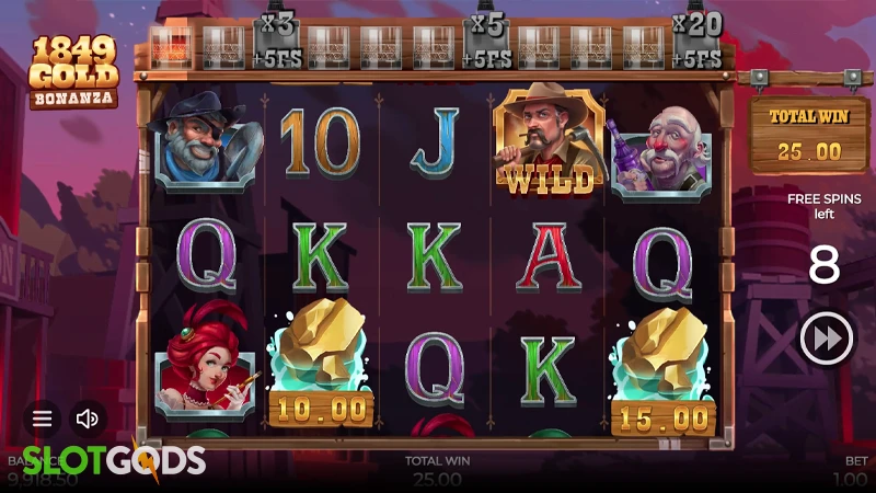 A screenshot of 1849 Gold Bonanza slot feature gameplay