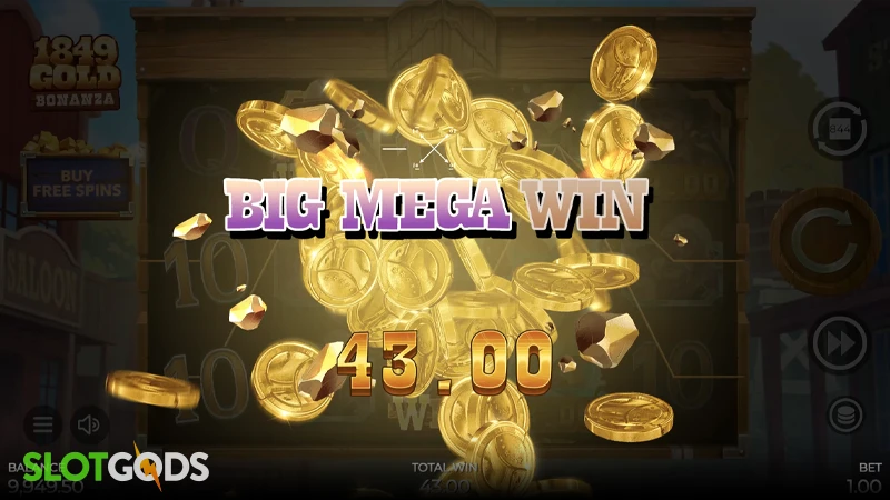 A screenshot of a big win in 1849 Gold Bonanza slot