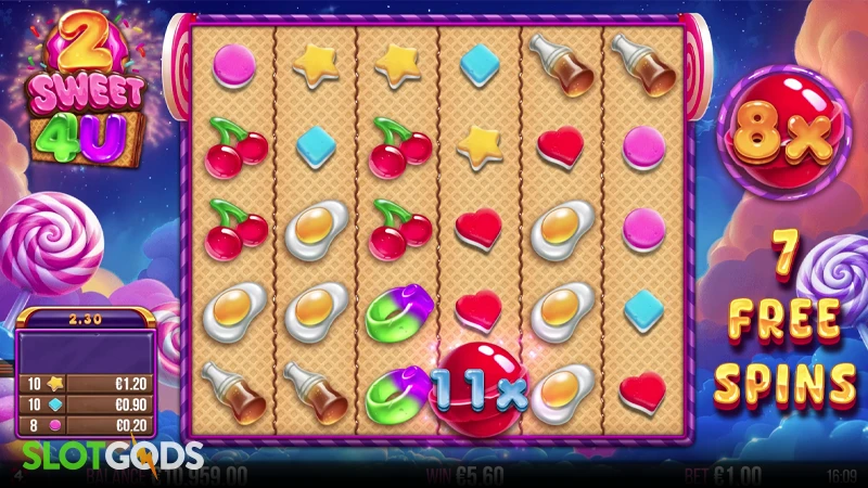 A screenshot of 2 Sweet 4 U slot feature gameplay