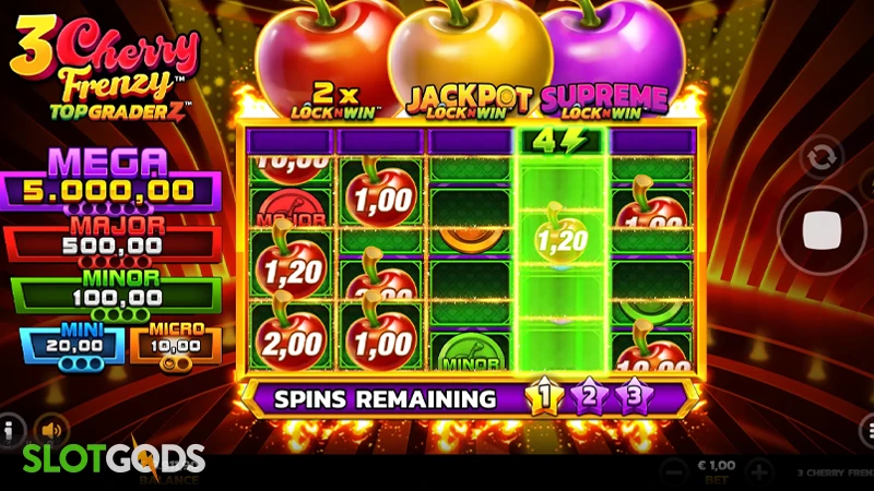 A screenshot of 3 Cherry Frenzy slot bonus gameplay