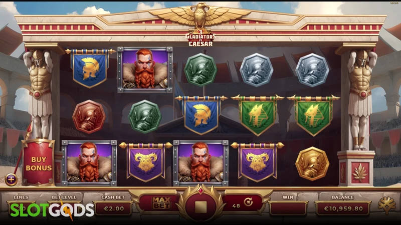 A screenshot of 3 Gladiators vs Caesar slot gameplay