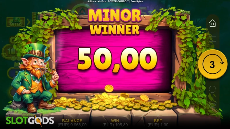 A screenshot of a jackpot win in 3 Shamrock Pots slot