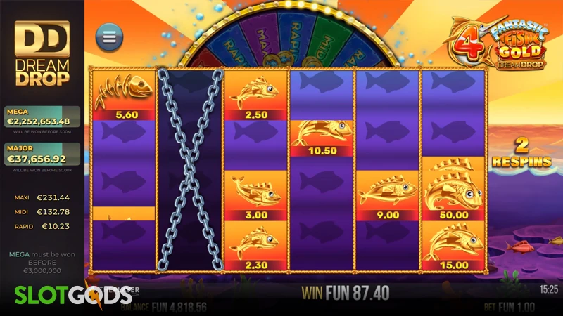 A screenshot of 4 Fantastic Fish Gold Dream Drop slot feature gameplay