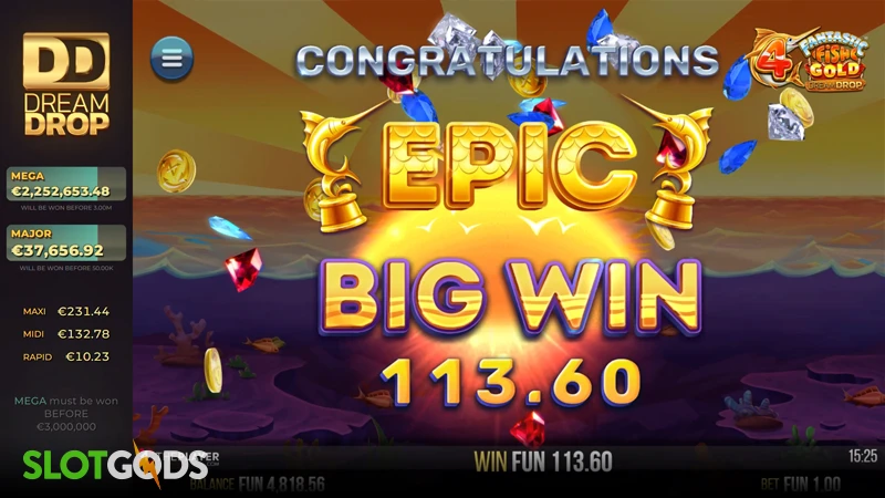 A screenshot of a big win in 4 Fantastic Fish Gold Dream Drop slot