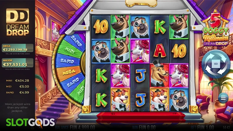 A screenshot of 5 Doggy Millionaires Dream Drop slot gameplay