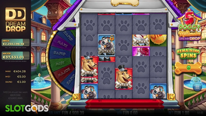 A screenshot of 5 Doggy Millionaires Dream Drop slot free spins gameplay