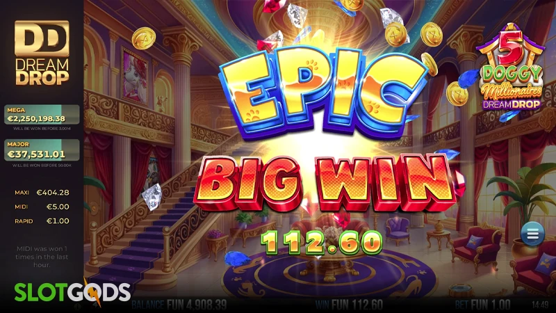 A screenshot of an epic win in 5 Doggy Millionaires Dream Drop slot