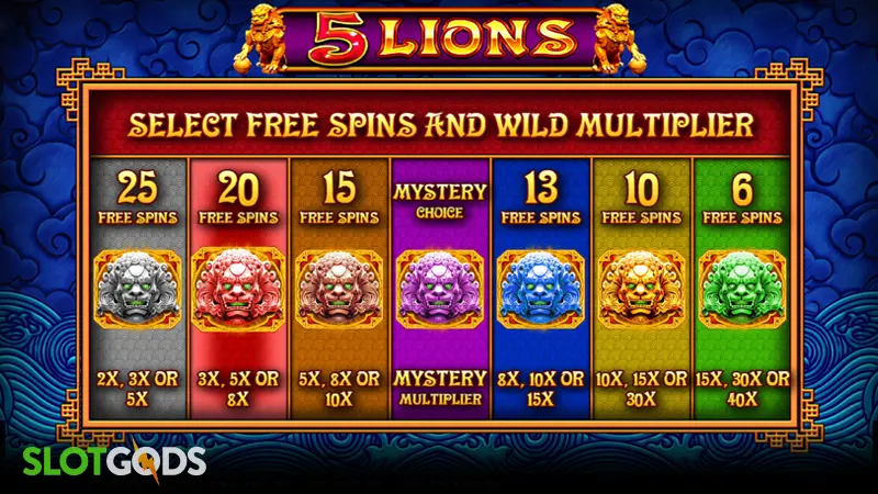 5 lions slot - free spins and wild multipliers