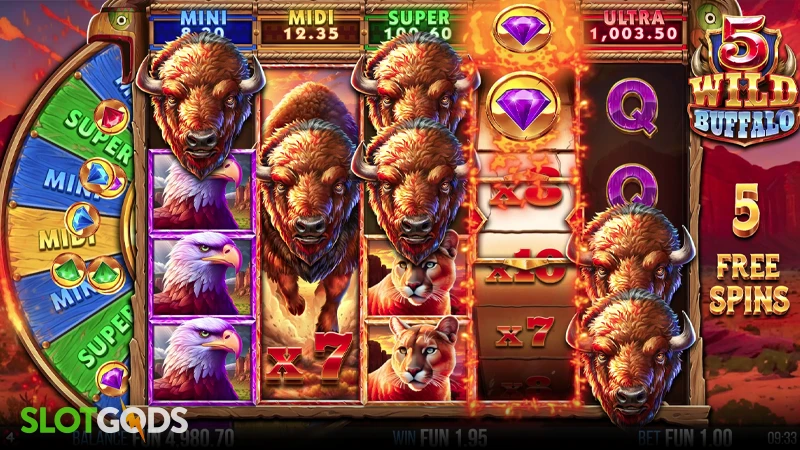 A screenshot of 5 Wild Buffalo slot bonus round gameplay