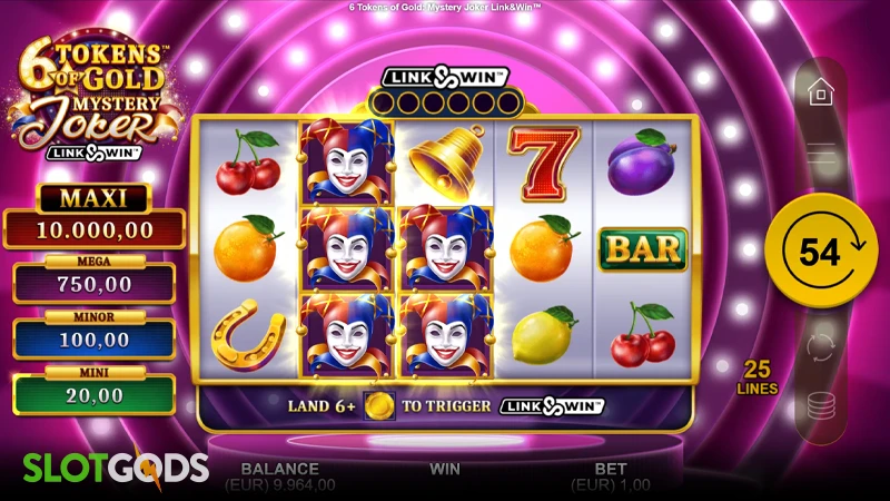 A screenshot of 6 Tokens of Gold: Mystery Joker slot gameplay