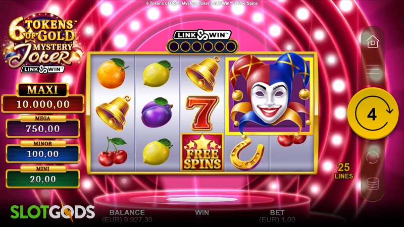 A screenshot of 6 Tokens of Gold: Mystery Joker slot free spins gameplay