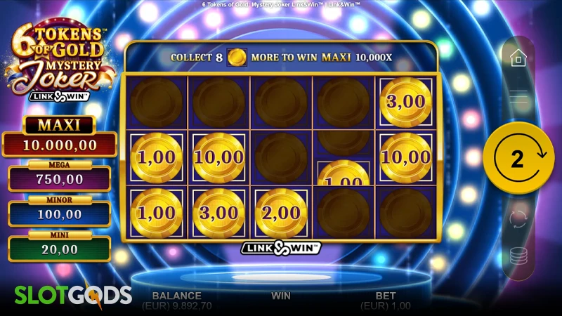 A screenshot of 6 Tokens of Gold: Mystery Joker slot Link &amp; Win gameplay