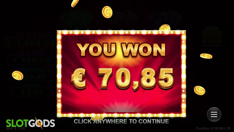 A screenshot of a win in a 777 Gold Action Cash free spins round