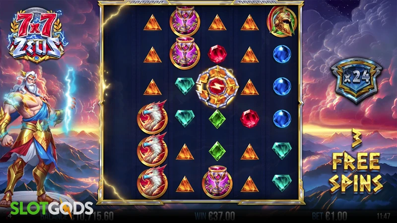 A screenshot of 7x7 Zeus slot feature gameplay