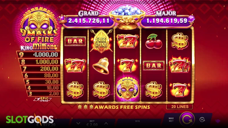 A screenshot of 9 Masks of Fire King Millions slot gameplay