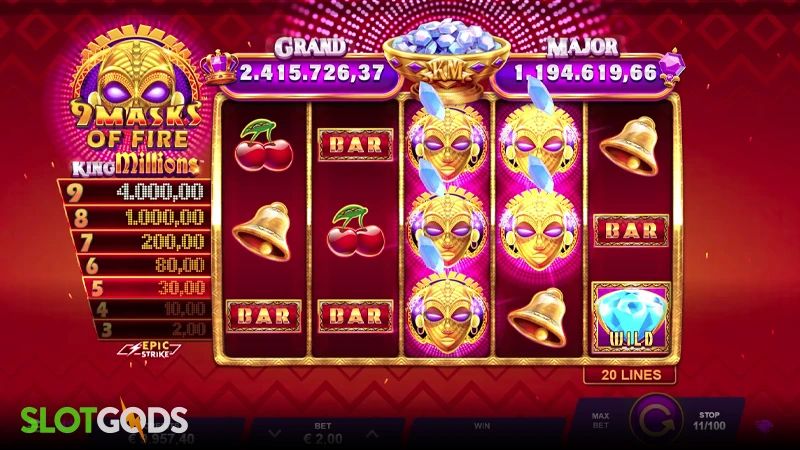 A screenshot of 9 Masks of Fire King Millions slot feature gameplay