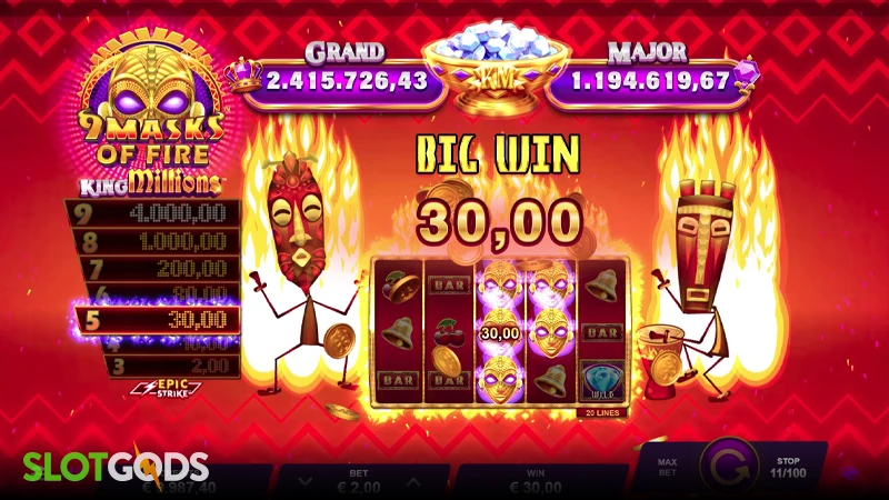 A screenshot of a big win in 9 Masks of Fire King Millions slot