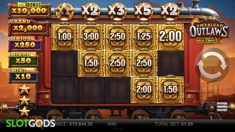 A screenshot of American Outlaws Multimax slot free spins gameplay