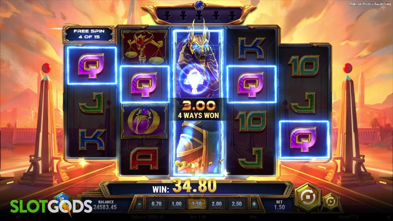 A screenshot of Ankh of Anubis slot feature gameplay