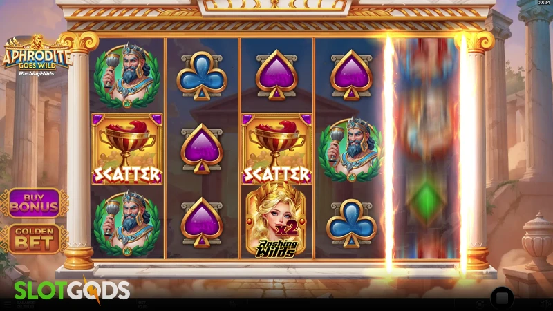 A screenshot of Aphrodite Goes Wild: Wild Rushing slot gameplay