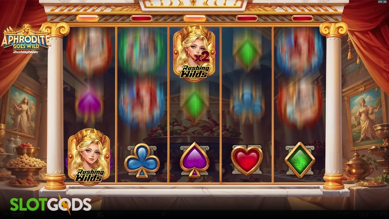 A screenshot of Aphrodite Goes Wild: Wild Rushing slot feature gameplay