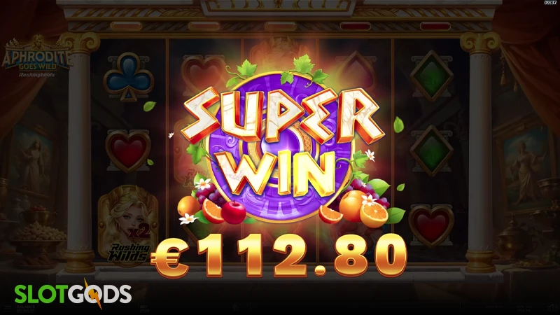 A screenshot of a super win in Aphrodite Goes Wild: Wild Rushing slot