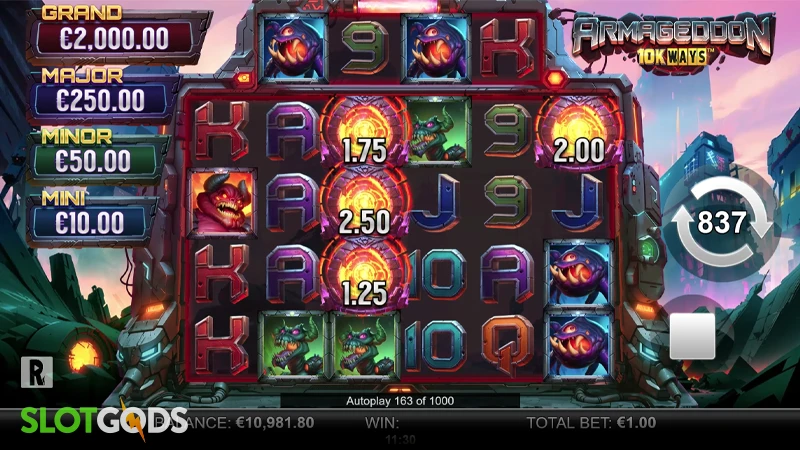 A screenshot of Armageddon 10k Ways slot by Reelplay gameplay