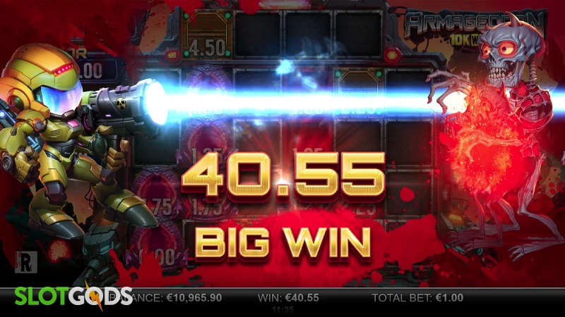 A screenshot of a big win in Armageddon 10k Ways slot by Reelplay