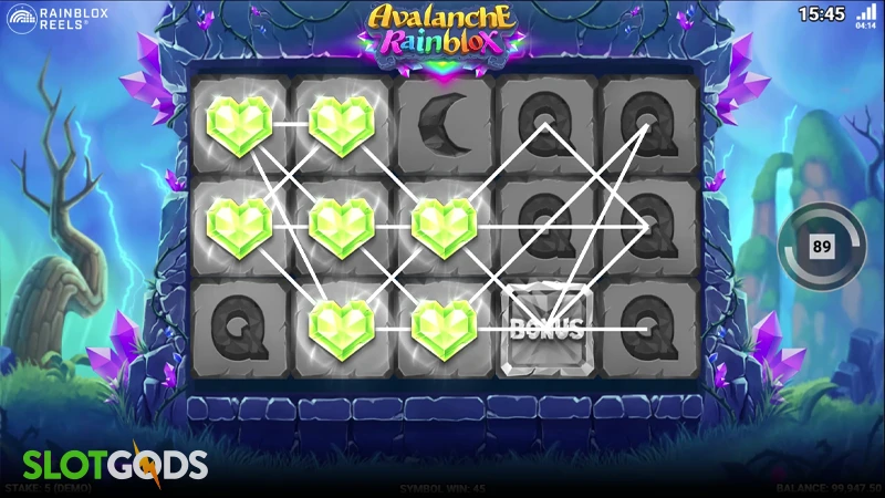 A screenshot of Avalanche Rainblox slot gameplay