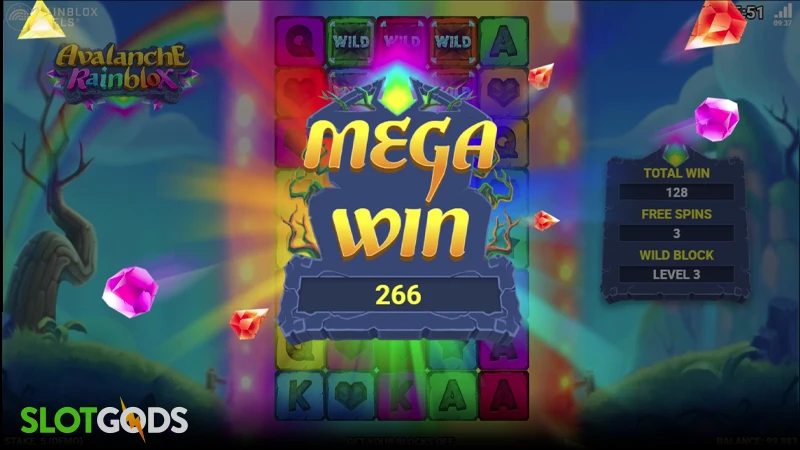 A screenshot of a mega win in Avalanche Rainblox slot