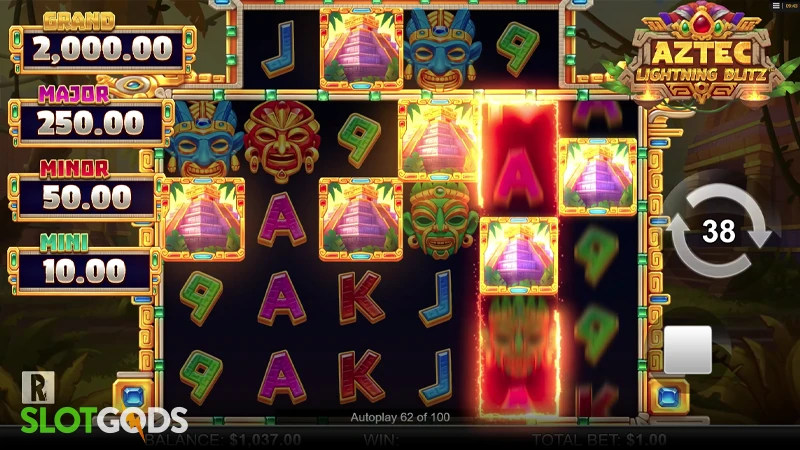 A screenshot of Aztec Lightning Blitz slot gameplay