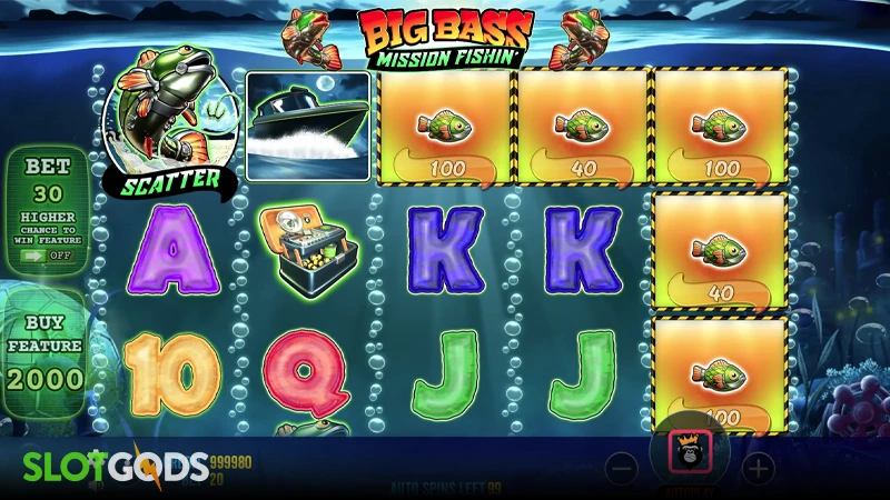 A screenshot of Big Bass Mission Fishin' slot gameplay