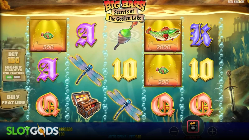 A screenshot of Big Bass Secrets of the Golden Lake slot gameplay