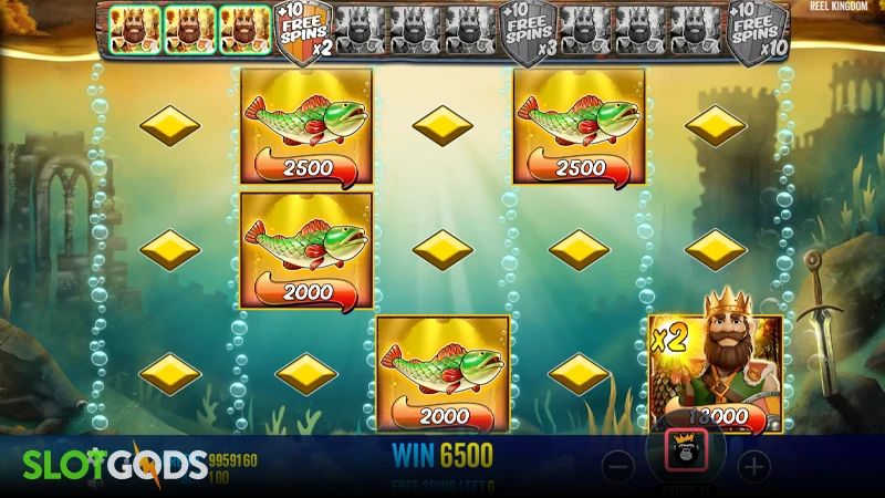 A screenshot of Big Bass Secrets of the Golden Lake slot bonus round