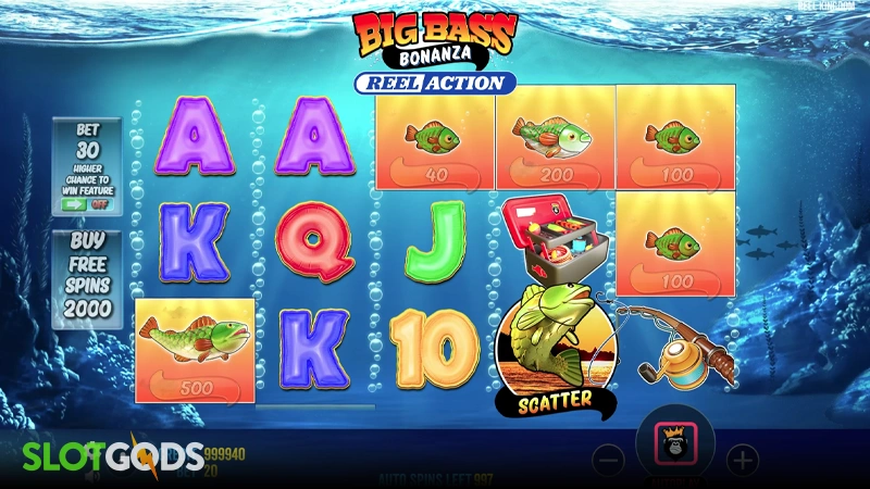 A screenshot of Big Bass Bonanza Reel Action slot gameplay