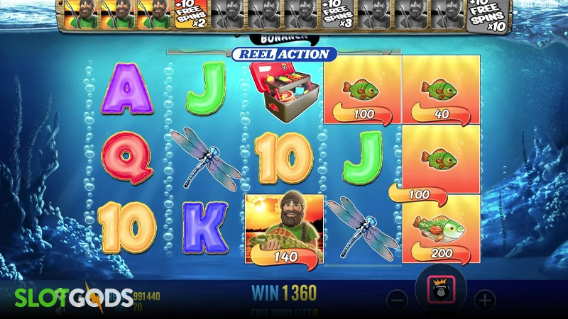 A screenshot of Big Bass Bonanza Reel Action slot feature gameplay
