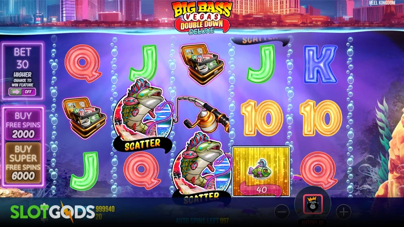 A screenshot of Big Bass Vegas Double Down Deluxe slot gameplay