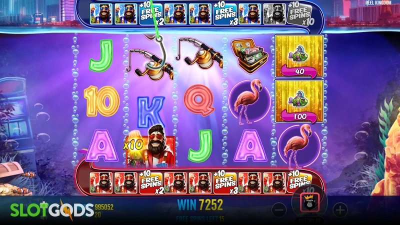 A screenshot of Big Bass Vegas Double Down Deluxe slot free spins gameplay