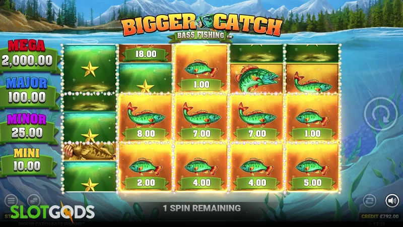 A screenshot of Bigger Catch Bass Fishing slot lightning spins