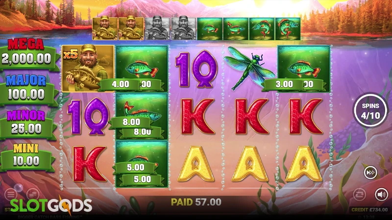 A screenshot of Bigger Catch Bass Fishing slot free spins gameplay