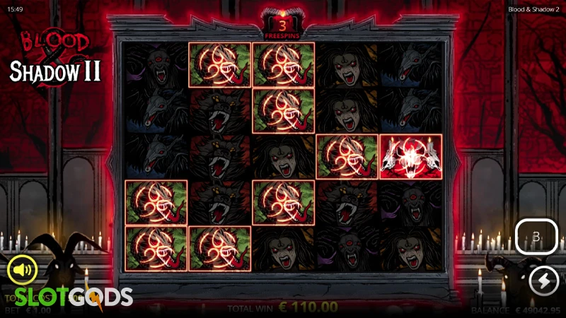 A screenshot of Blood &amp; Shadow 2 slot feature gameplay