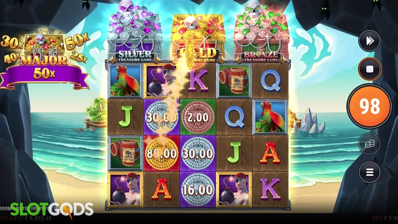 A screenshot of Boom Pirates Fight For Gold slot gameplay