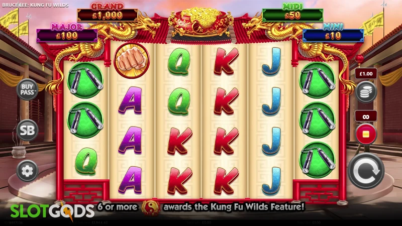 A screenshot of Bruce Lee Kung Fu Wilds slot gameplay