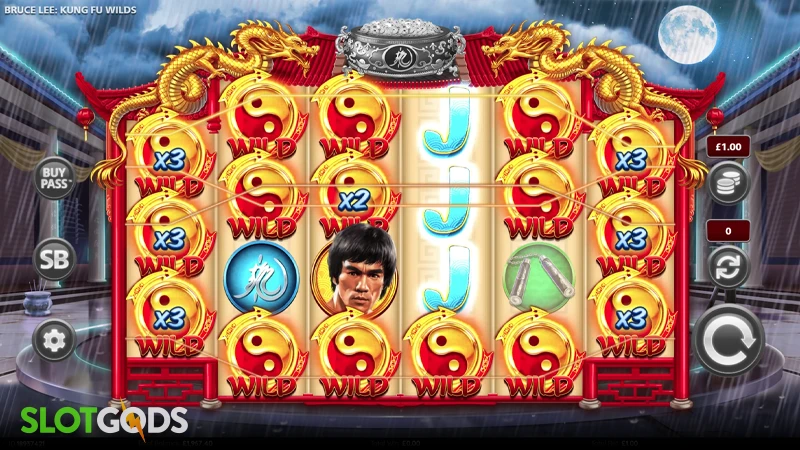 A screenshot of Bruce Lee Kung Fu Wilds slot feature gameplay